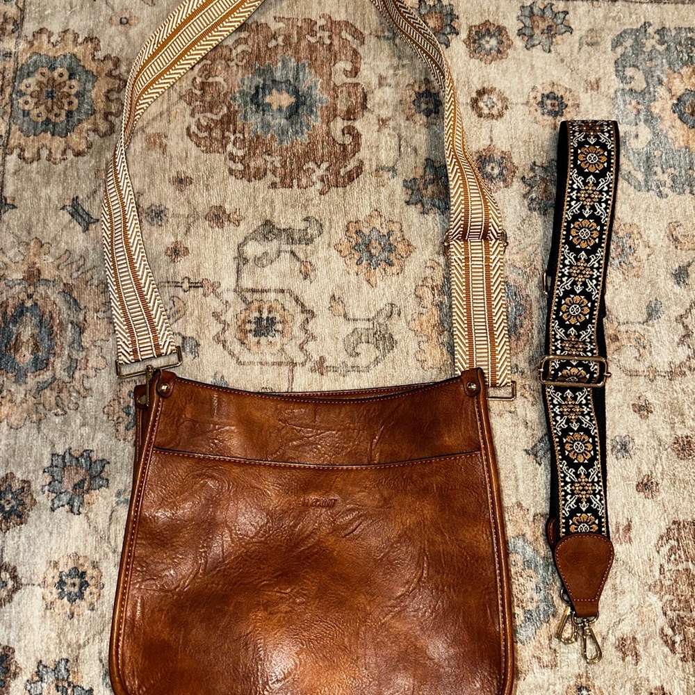 Brown Vegan Leather Crossbody Bag with Patterned Strap